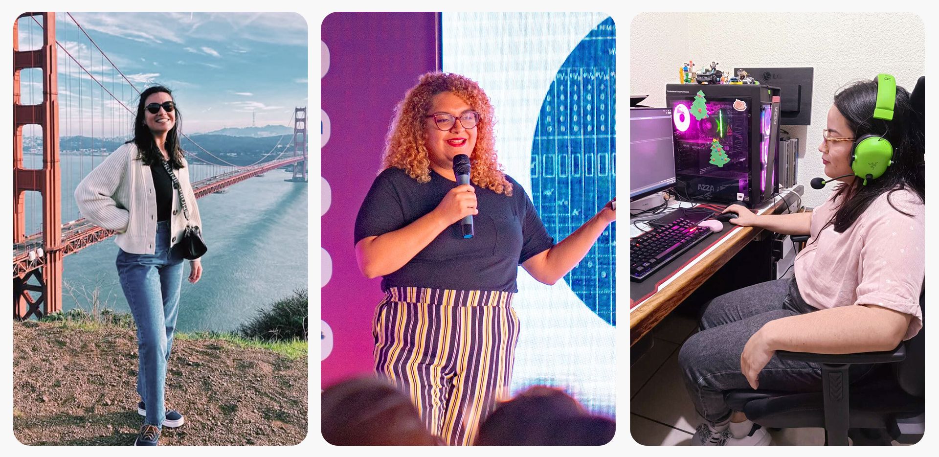 Tres fotografías de mujeres en tecnología en Elaniin: Majo Ferrufino, Maya Argueta y Mara López.z. 