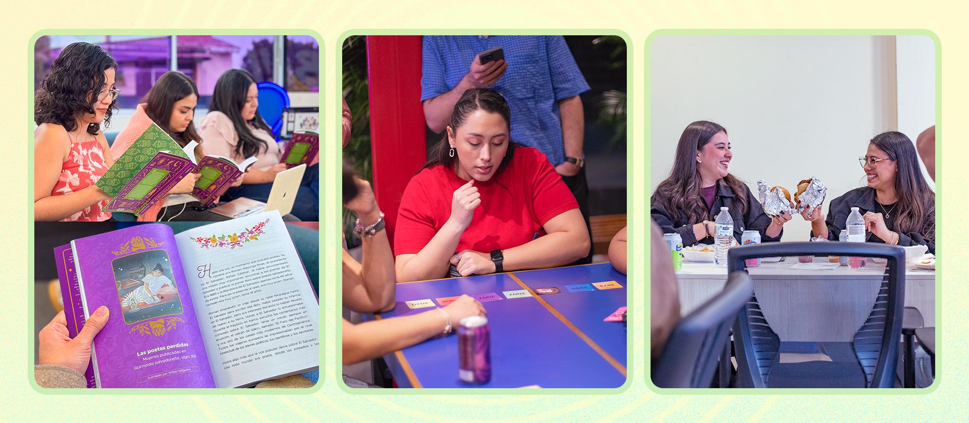 Colaboradores de Elaniin compartiendo espacios de lectura, juegos y almuerzos como parte de la cultura organizacional.